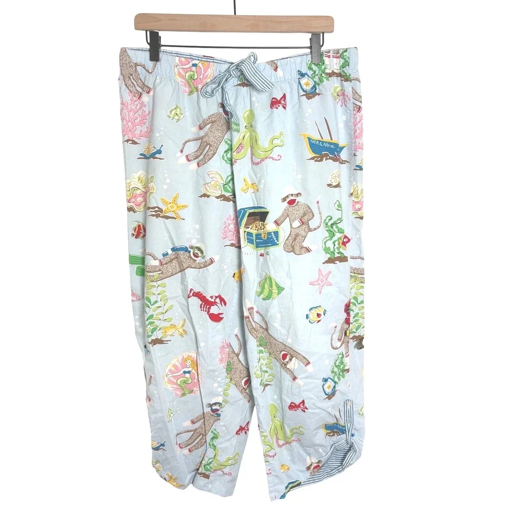 Nick & Nora Sock Monkey Under the Sea Scuba Pajama Pants Blue Cotton Women Large